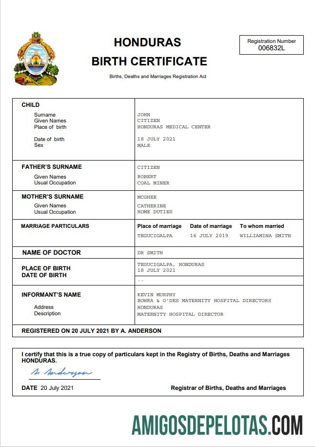 Em branco modelo Word e PDF de certidão de nascimento de Honduras